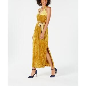 Avec Les Filles Dress Womens 2 Gold Velvet Maxi Halter Tie Waist Slit‎ V Neck